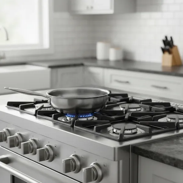 A close-up view of the Beko 30-inch Pro-Style Gas Range cooktop with five sealed burners and continuous cast iron grates, showing a pan actively cooking.