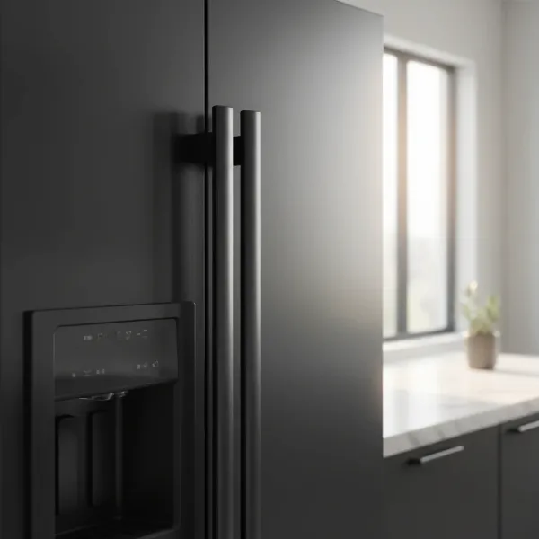 A close-up shot of a modern black stainless steel refrigerator door, showing its sleek, dark finish and minimal fingerprints in a contemporary kitchen setting.