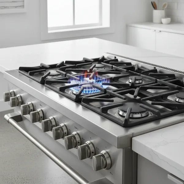 Bosch 800 Series Industrial Style Gas Range cooktop with five burners and heavy-duty grates