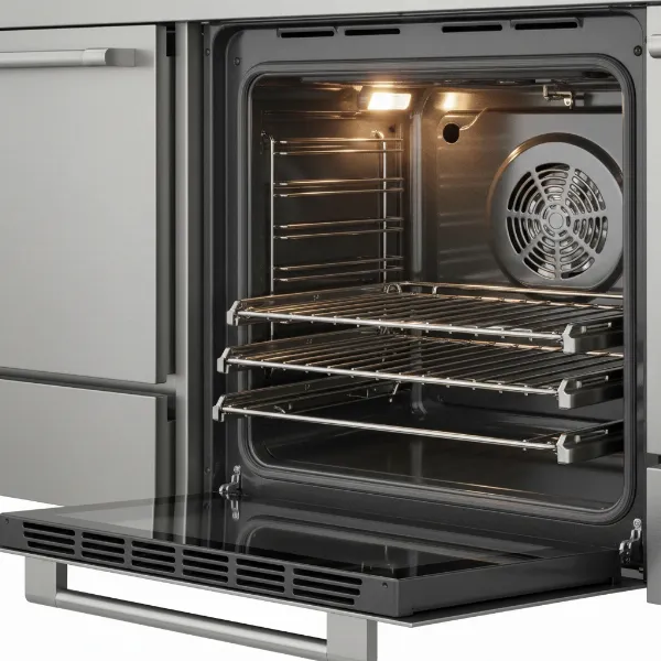 Bosch 800 Series Industrial Style Gas Range oven interior with convection fan and racks
