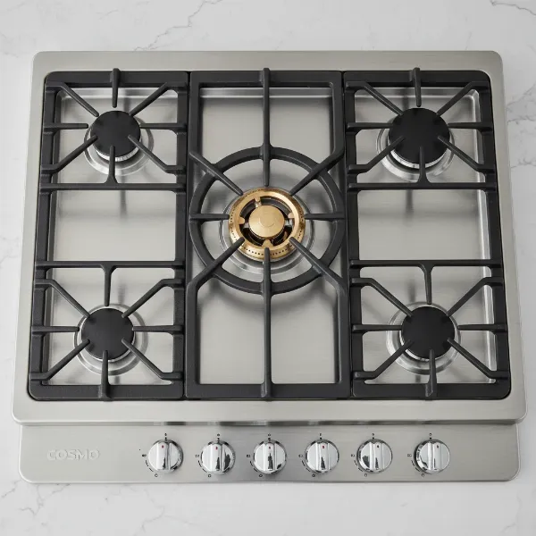 Cosmo COS-965AGFC 36-Inch Gas Range cooktop with five burners and cast iron grates.