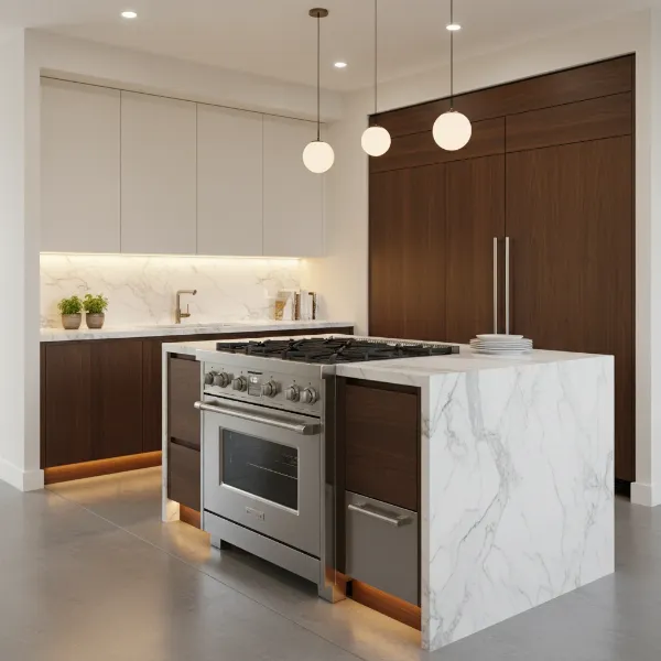 A modern kitchen featuring a sleek stainless steel dual fuel range with a gas cooktop and an electric oven, showcasing a blend of traditional and contemporary cooking elements.