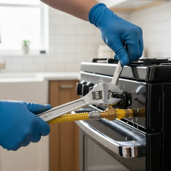A close-up of a hand connecting a flexible gas line to a gas stove, demonstrating the use of a wrench and safety tape.