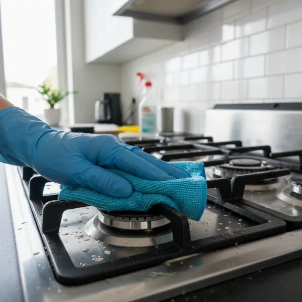 A hand cleaning a gas stove burner with a cloth, emphasizing routine maintenance and cleanliness.