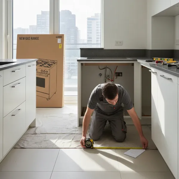 A person carefully measuring kitchen dimensions before installing a gas stove, highlighting planning and precision.