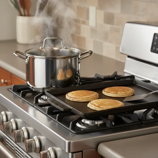 A close-up view of the GE JGBS66REKSS gas range cooktop with a boiling pot on the power burner and food on the griddle.