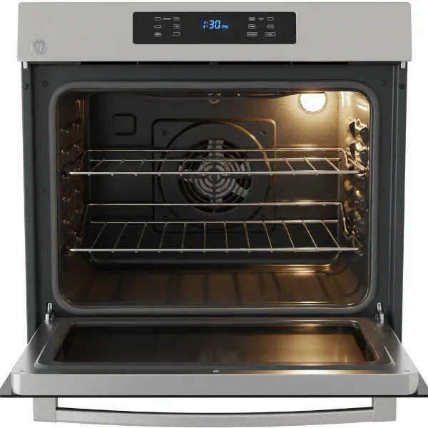 A bright interior shot of the GE JGBS66REKSS oven, showcasing the 5.0 cu. ft. capacity and two racks ready for baking.