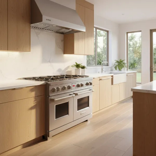 A sleek NXR Culinary Series professional gas range in a modern home kitchen setting, showcasing its stainless steel finish and robust design.