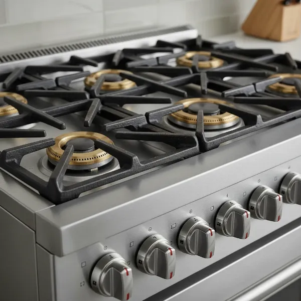 Close-up of the NXR Culinary Series rangetop, highlighting its powerful German-engineered sealed burners and continuous cast iron grates.