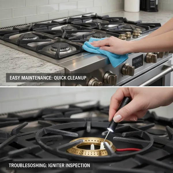 Hands cleaning the NXR rangetop with a cloth, and a close-up of a person checking the igniter for troubleshooting, emphasizing safe maintenance.