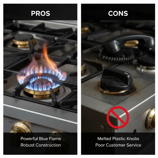 A split image showing the pros (sleek design, powerful flame) and cons (a melted knob, a 'no entry' sign over a customer service phone) of the NXR range.