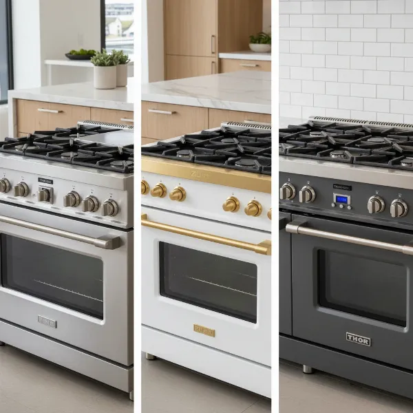 A side-by-side comparison image of three distinct professional gas ranges: an NXR, a ZLine, and a Thor, highlighting their unique design elements and features.