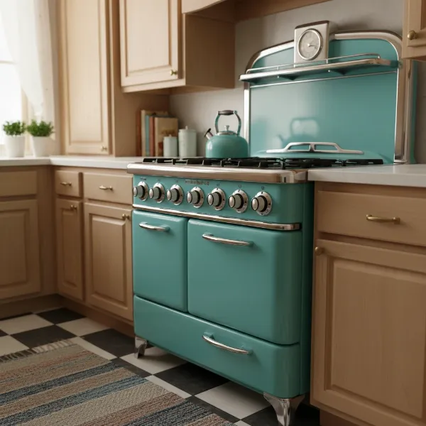 A vibrant teal retro gas stove with chrome accents in a classic vintage kitchen. Gas stove, retro kitchen, cooking range.