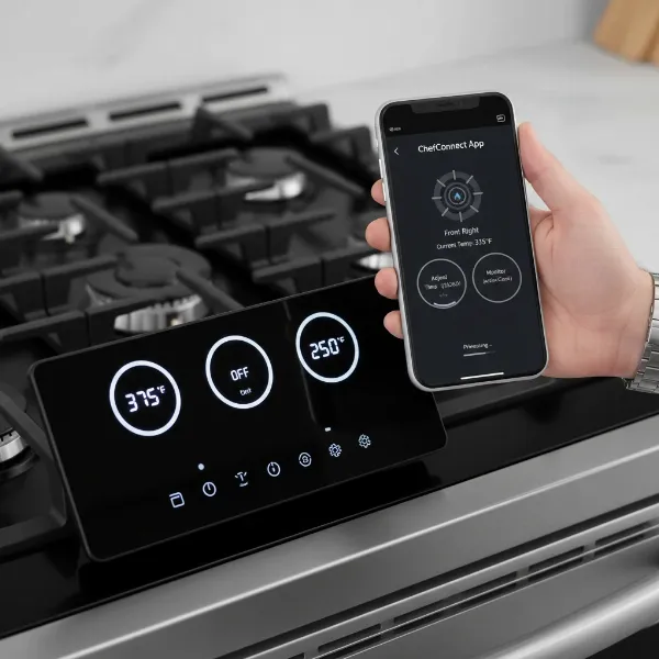 Close-up of a smart gas stove's control panel and smartphone app interface.