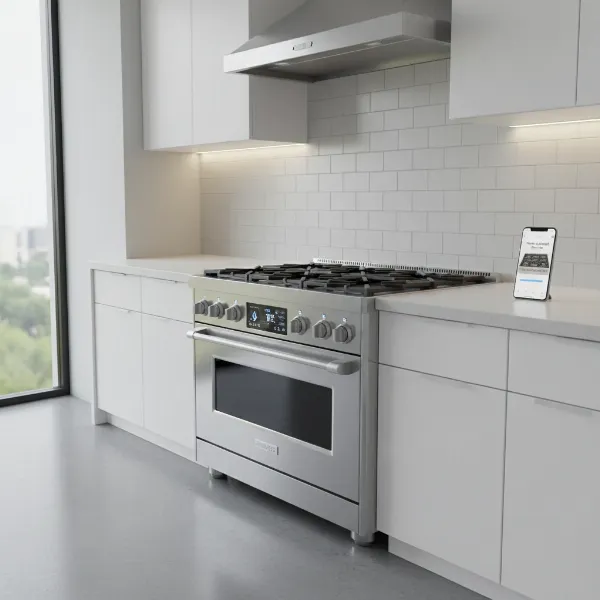 A sleek smart gas stove with WiFi and app control integrated into a modern kitchen setting.