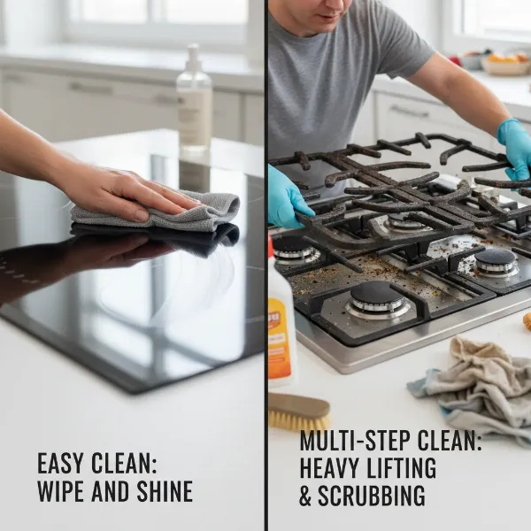 Comparison of cleaning a gas stove with removable grates vs. a smooth electric cooktop