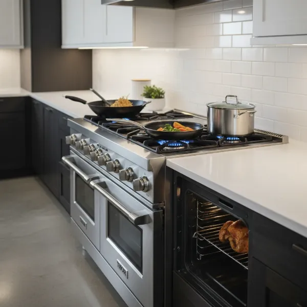 A stainless steel Thor Kitchen 36-inch gas range with six active burners, set in a modern kitchen with a large oven, demonstrating its powerful cooking capabilities and sleek design.