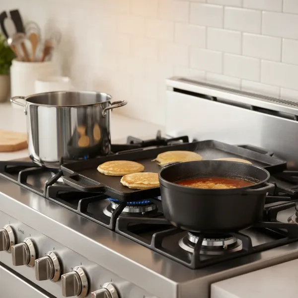 A close-up view of the Whirlpool WFG505M0BS gas range cooktop, showing five sealed burners, continuous cast-iron grates, and the included griddle in use, emphasizing its versatile cooking surface.